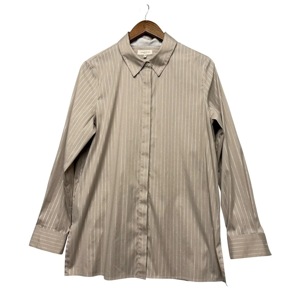 Lafayette 148 Button Down Top Womens L Taupe Pinstripe Minimalist Office Neutral - Picture 2 of 16